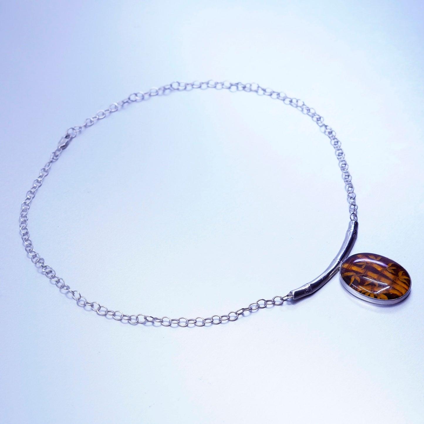 18”, ZIV sterling silver 925 necklace, circle chain carved bamboo amber pendant