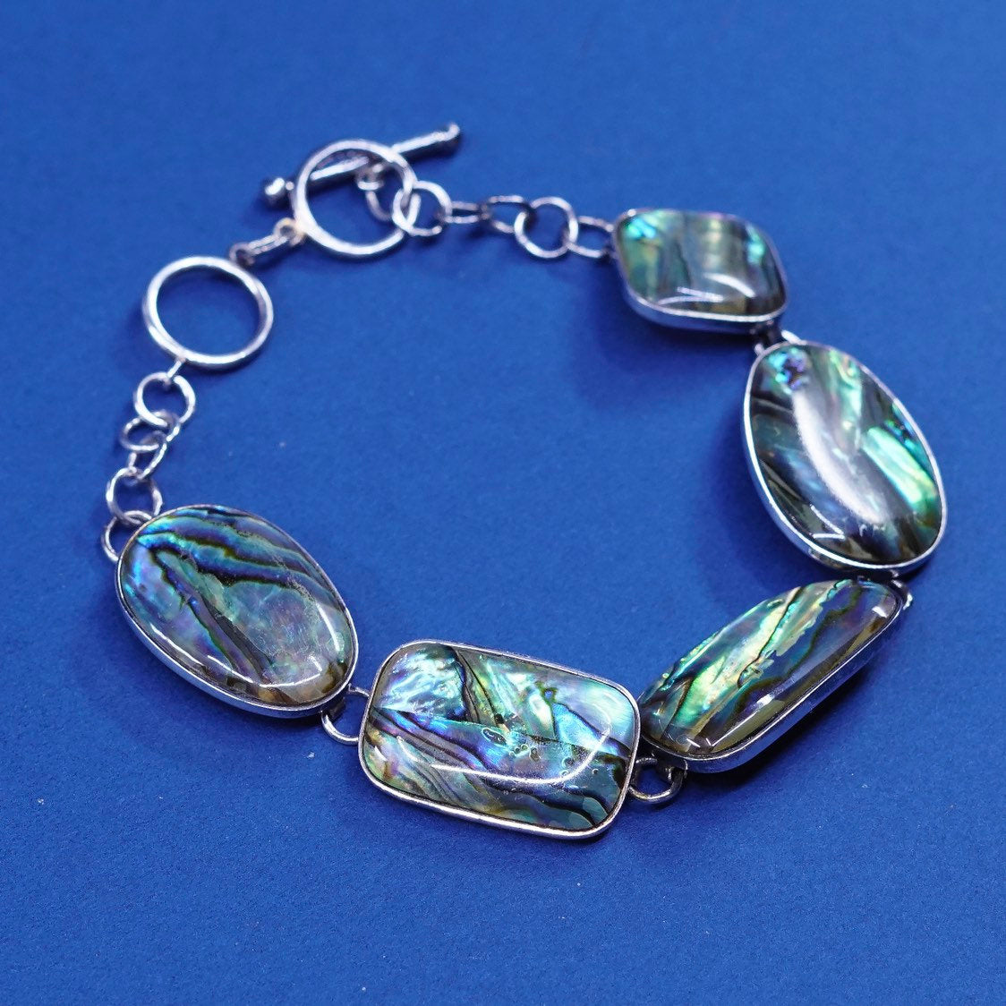 6.75”+1", vtg sterling silver handmade bracelet, 925 w/ abalone links N toggle