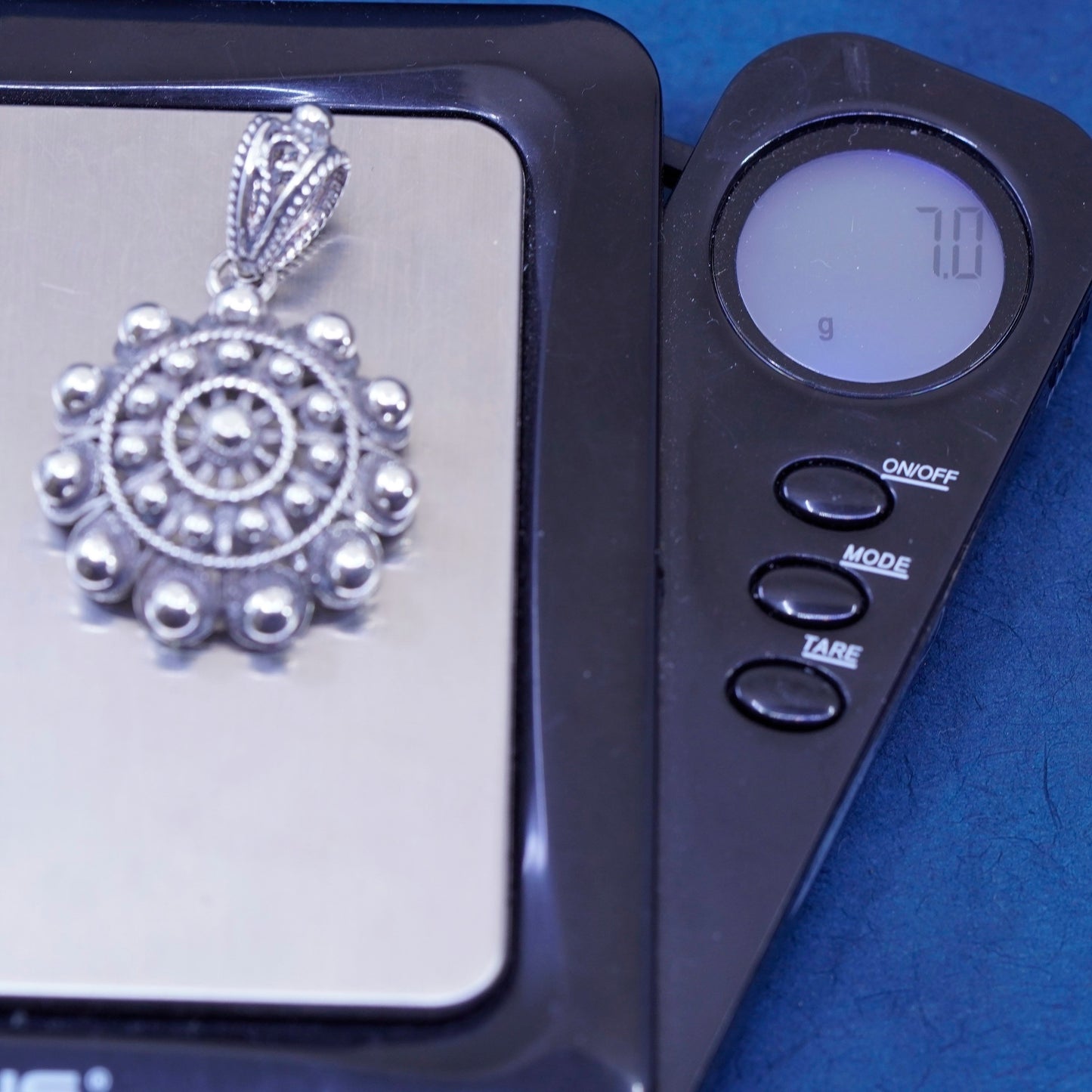 Vintage sterling silver handmade pendant, huge 925 flower pendant with beads