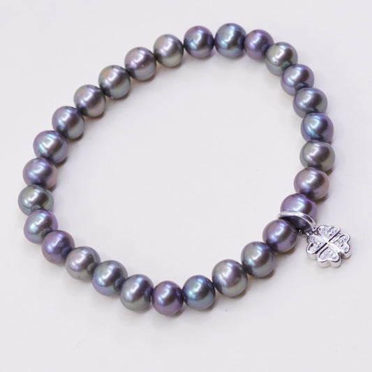 7”, bracelet, black pearl with elastic band and 925 silver lucky clover charm,