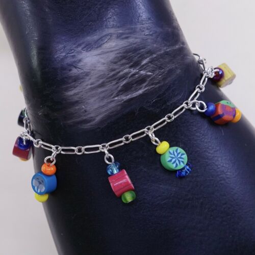 7” Vtg Imagine Sterling Silver Handmade Bracelet, 925 chain w/ Colorful charms