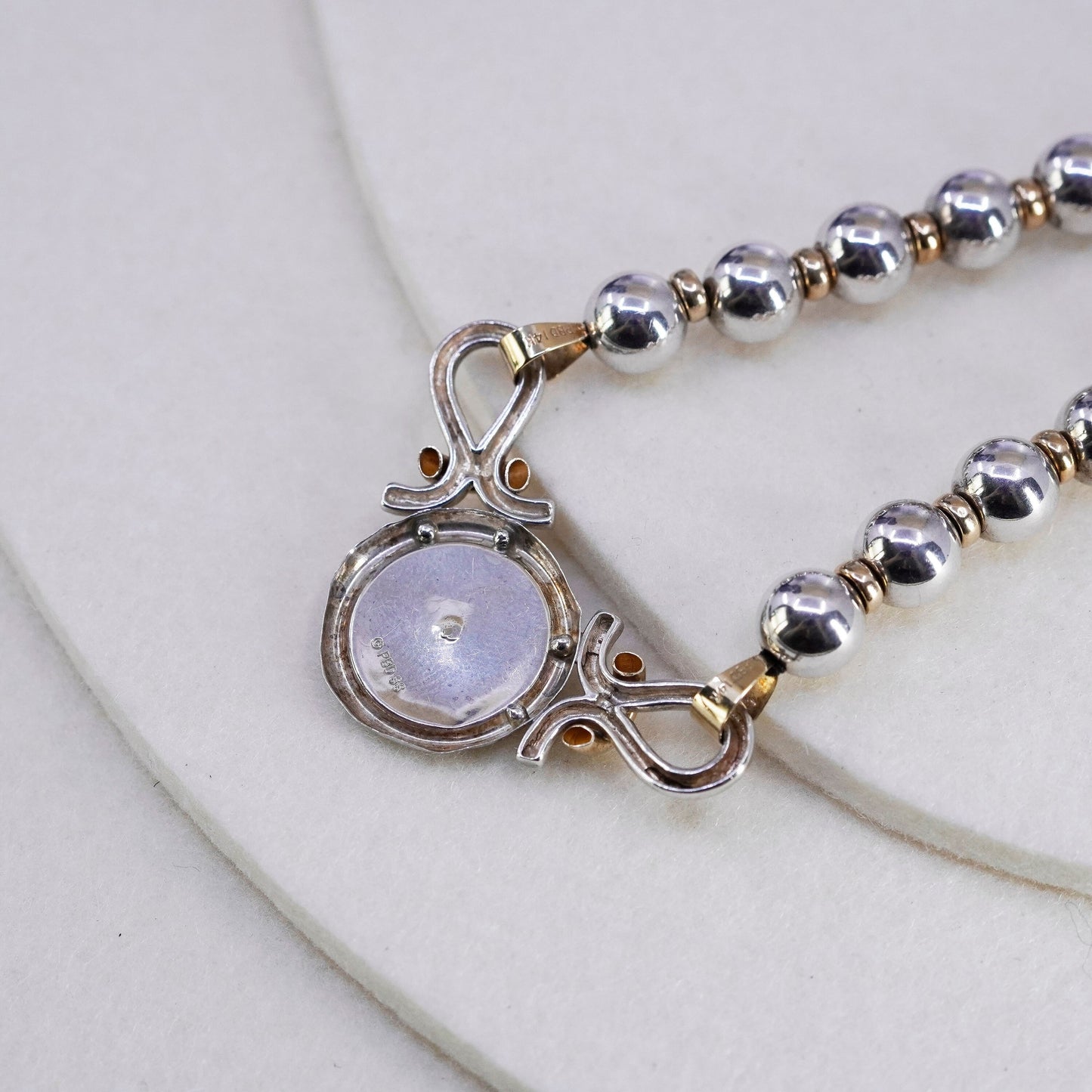 16”, VTG two tone Sterling 925 silver handmade beads necklace 14K yellow gold