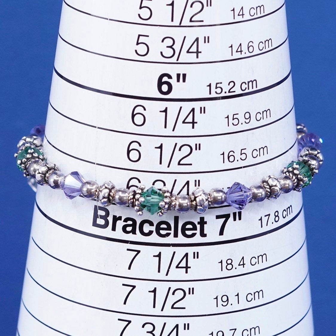 6.75", vtg sterling silver bracelet 925 beads w/ crystal N prayer locket charms