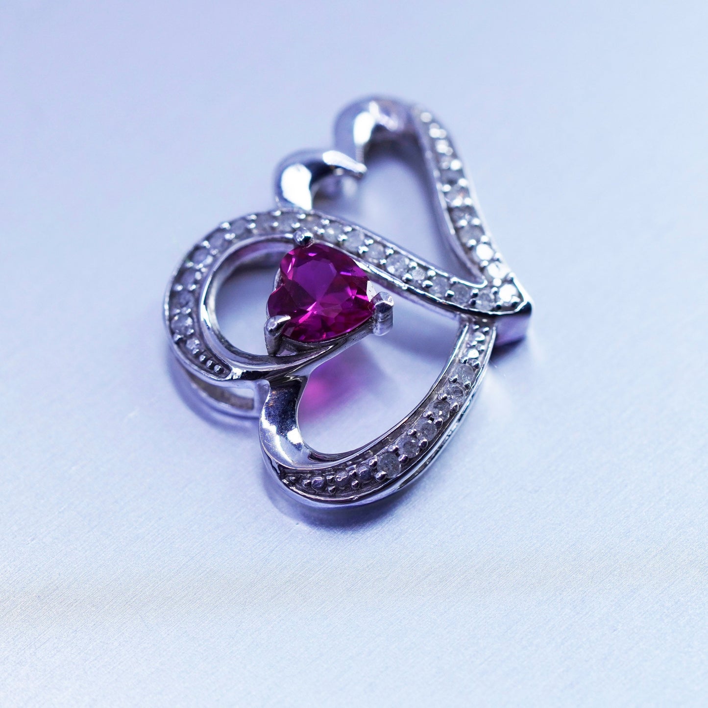 Vintage sterling 925 silver double heart pendant with diamond and ruby