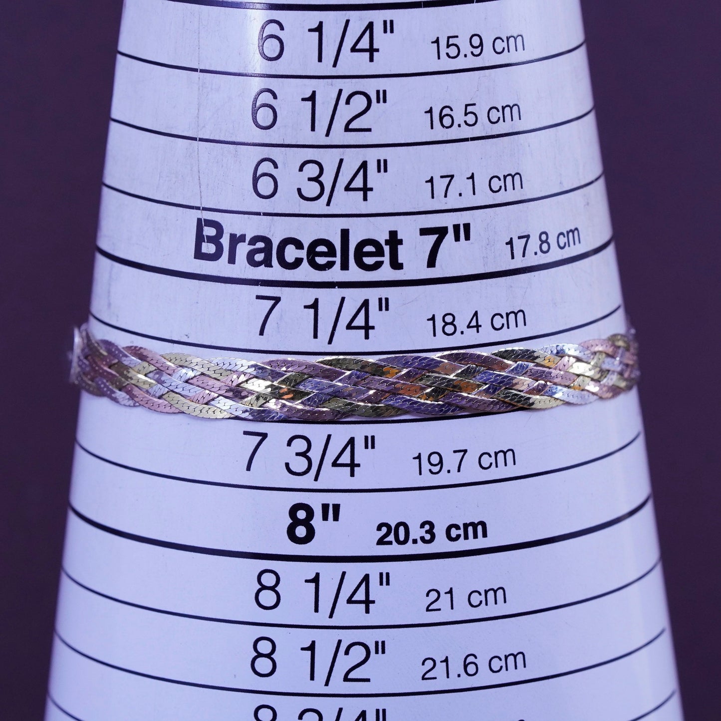 7.5” vermeil gold over triple tone Sterling silver braided herringbone bracelet