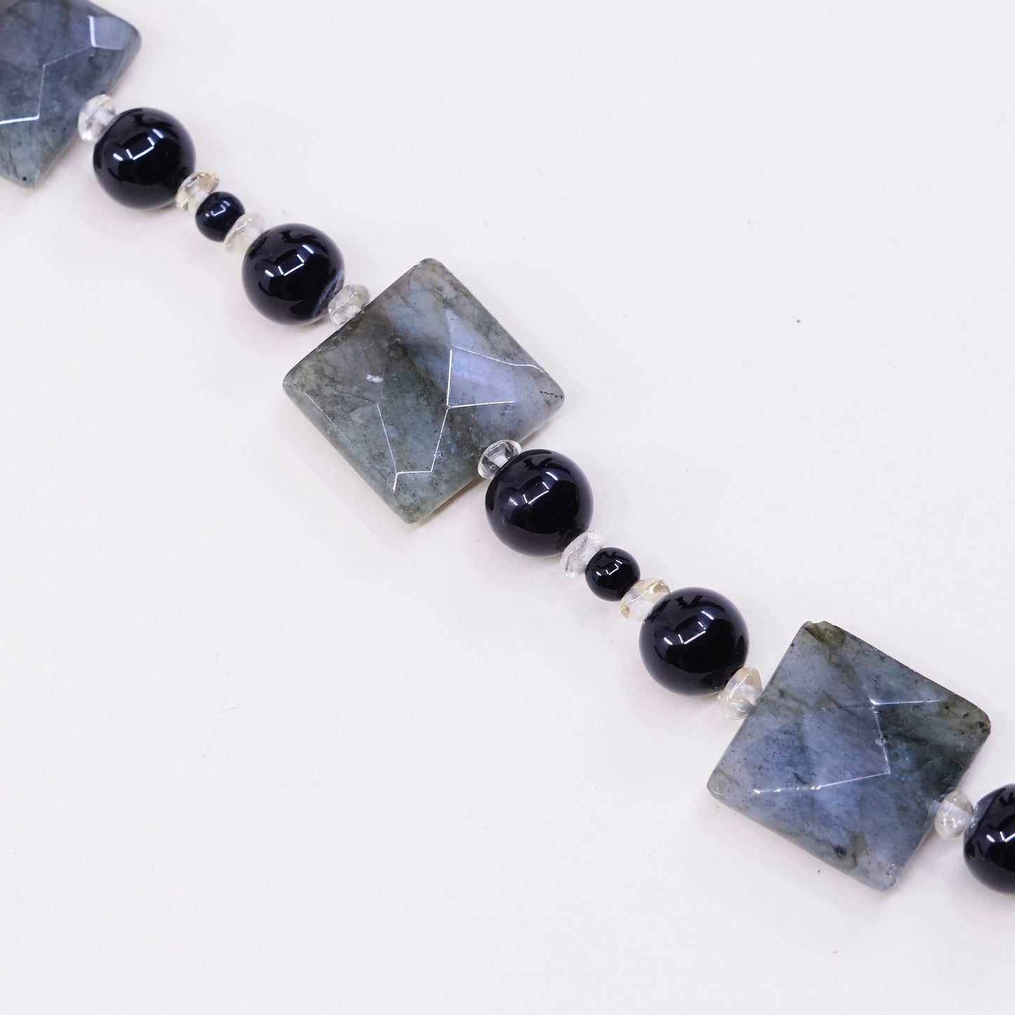 7”, Vintage handmade bracelet with square labradorite and obsidian