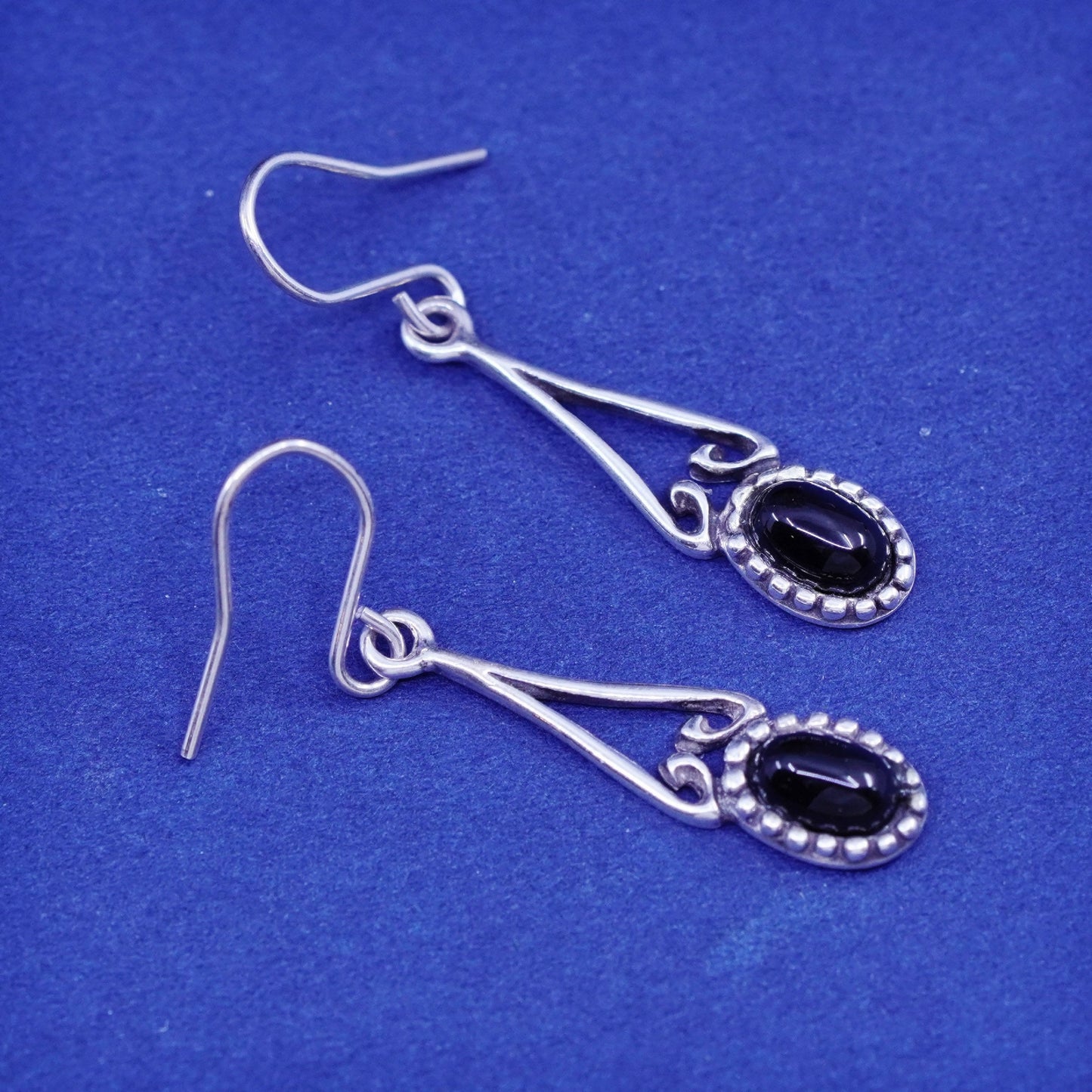 Vintage Israel sterling 925 silver handmade earrings with oval obsidian