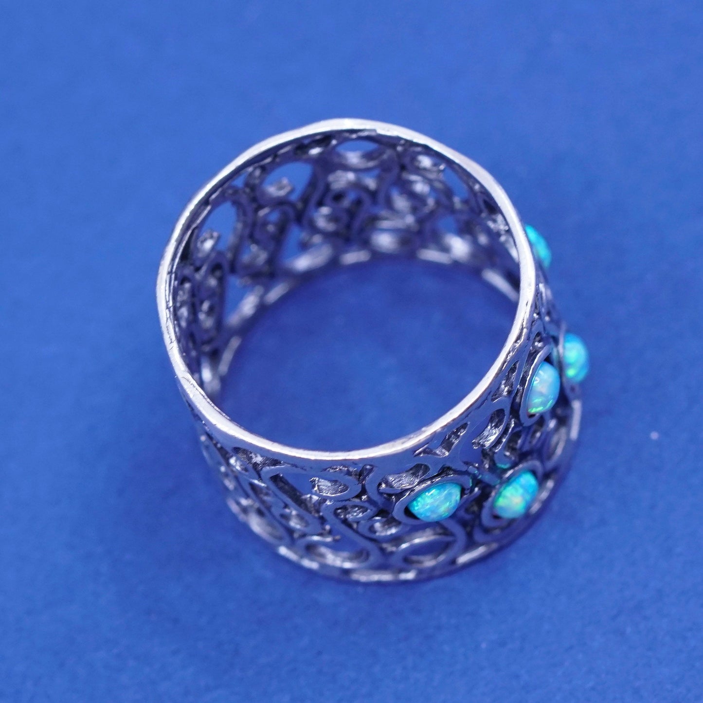 Size 8, vtg Israel sterling silver ring, handmade 925 filigree band w/ opal