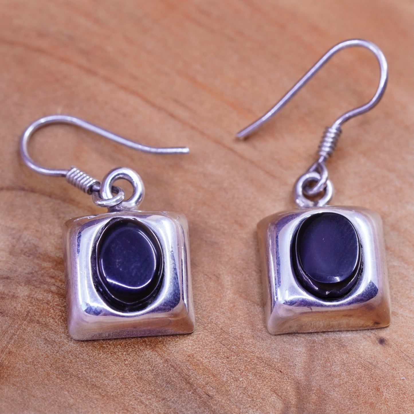 Vintage Sterling 925 silver handmade earrings with oval obsidian inlay