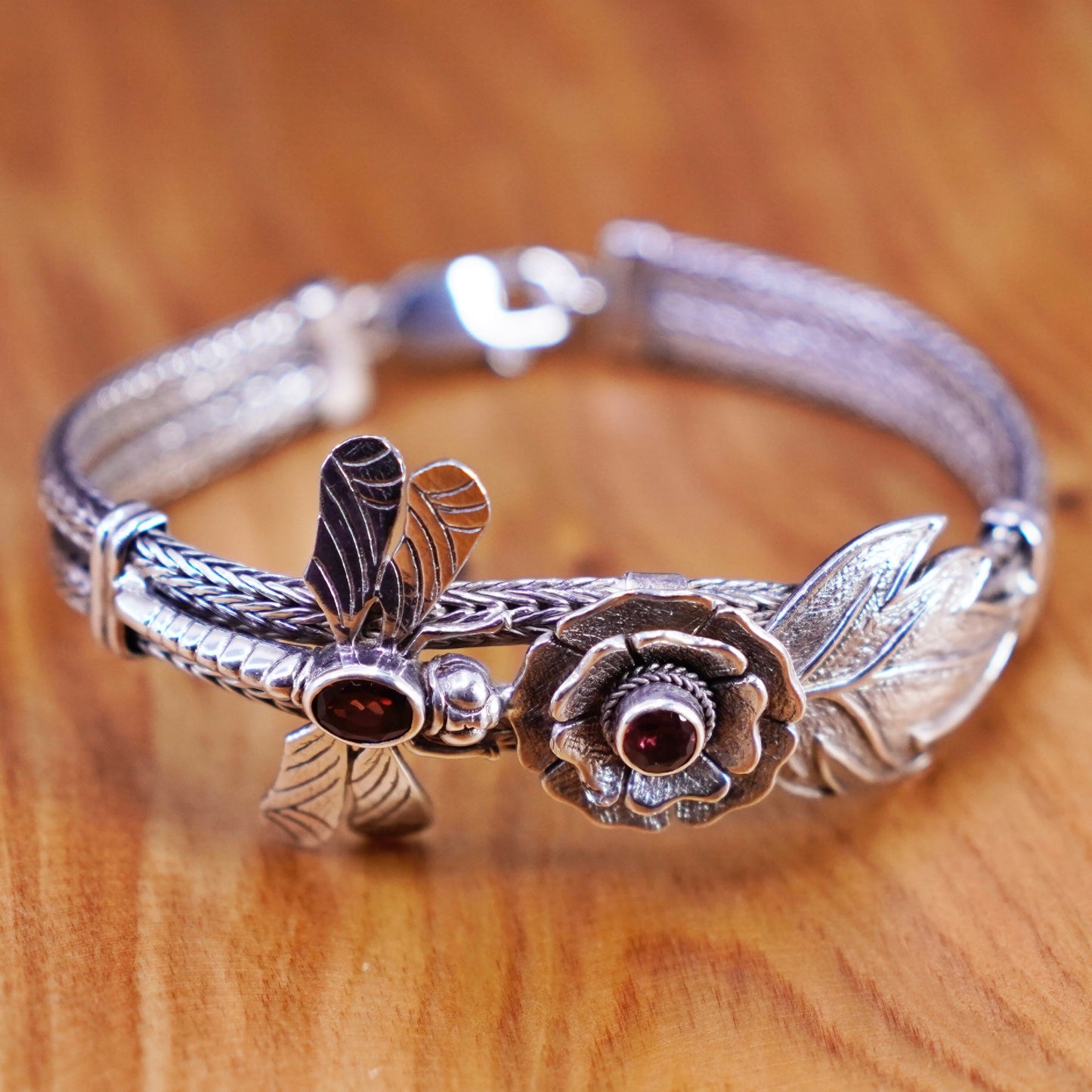7.75”, Sterling 925 silver double strands wheat chain bracelet dragonfly flower