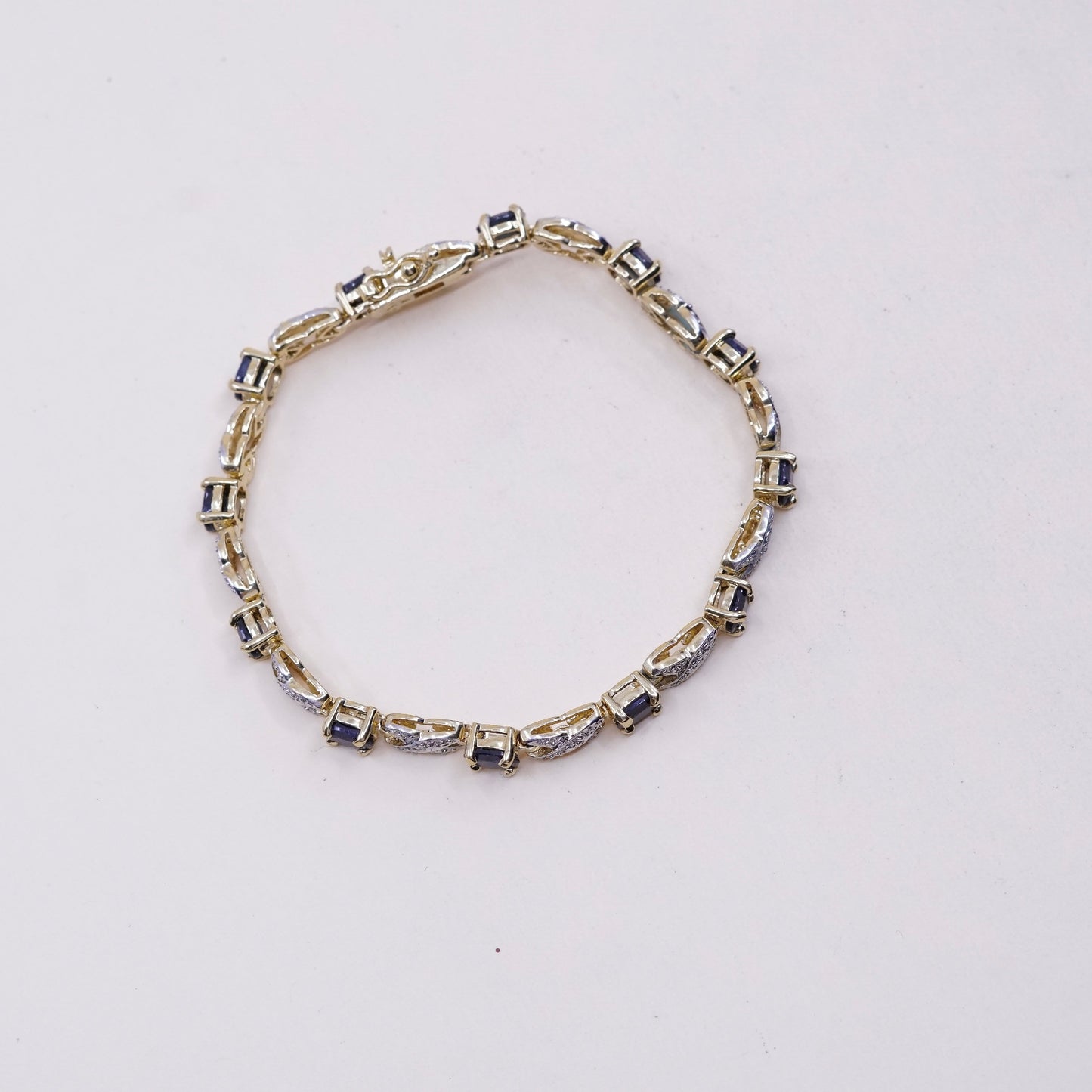 7”, Vermeil gold over sterling 925 silver tennis bracelet w/ sapphire N diamond