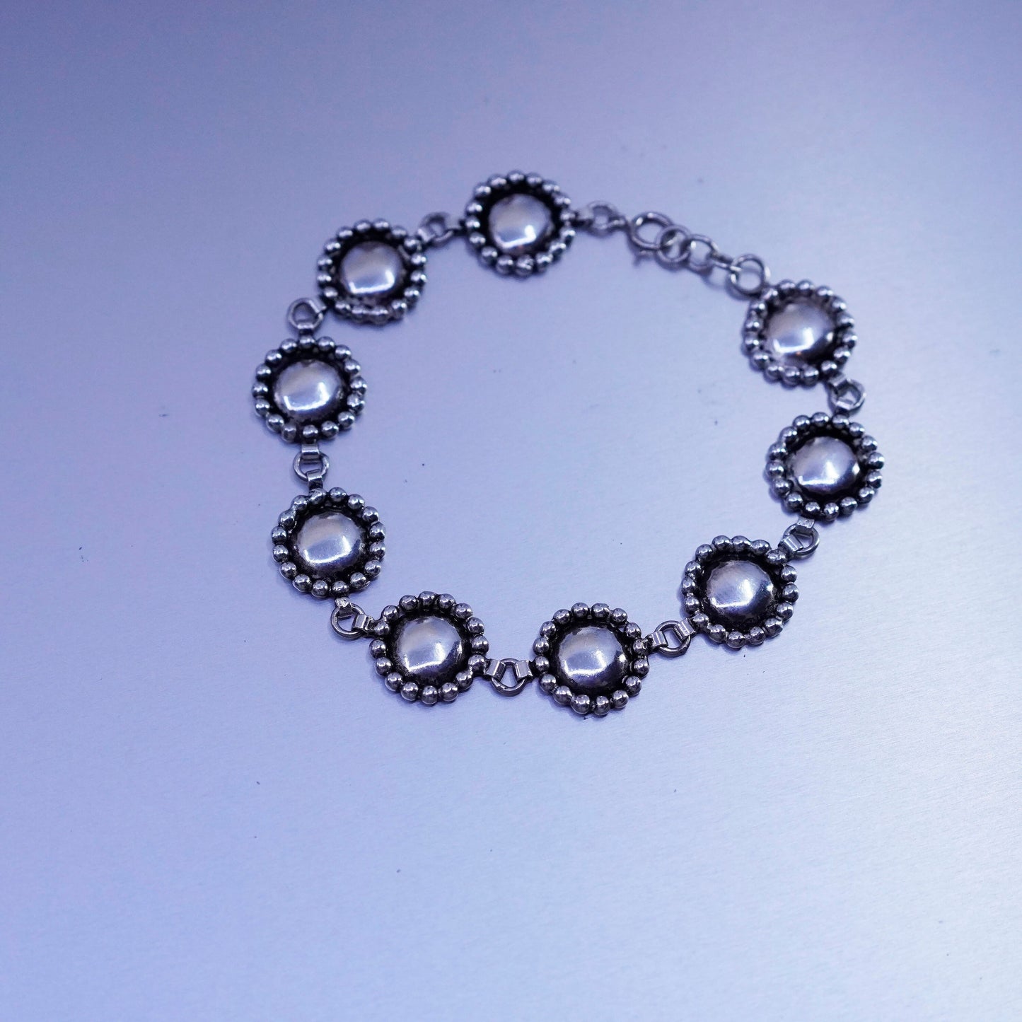 7”, Vintage Sterling 925 silver handmade bracelet, disc chain with beads