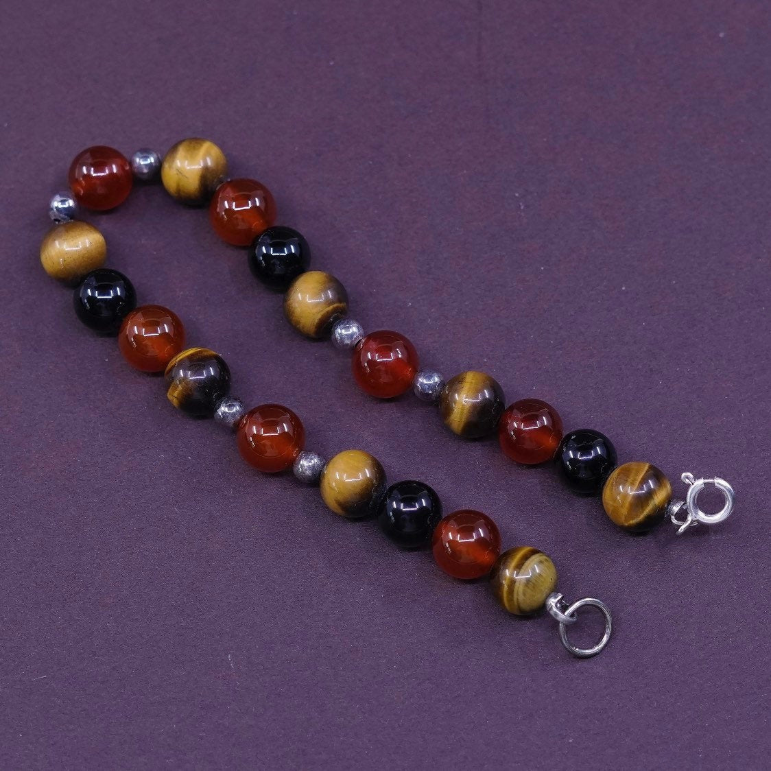 7", vtg Sterling 925 silver handmade bracelet Golden tiger eye Carnelian obsidia