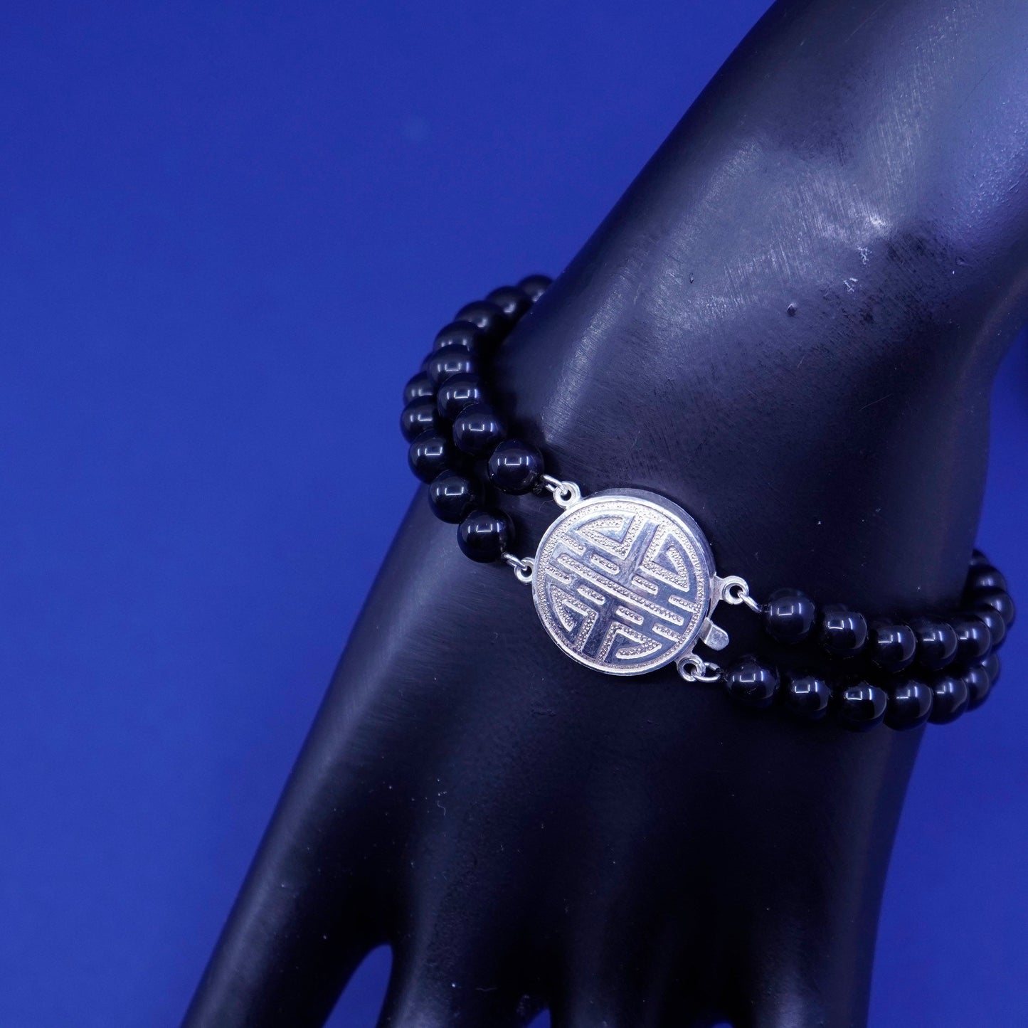 6.5”, Sterling silver handmade bracelet, multi strands obsidian beads