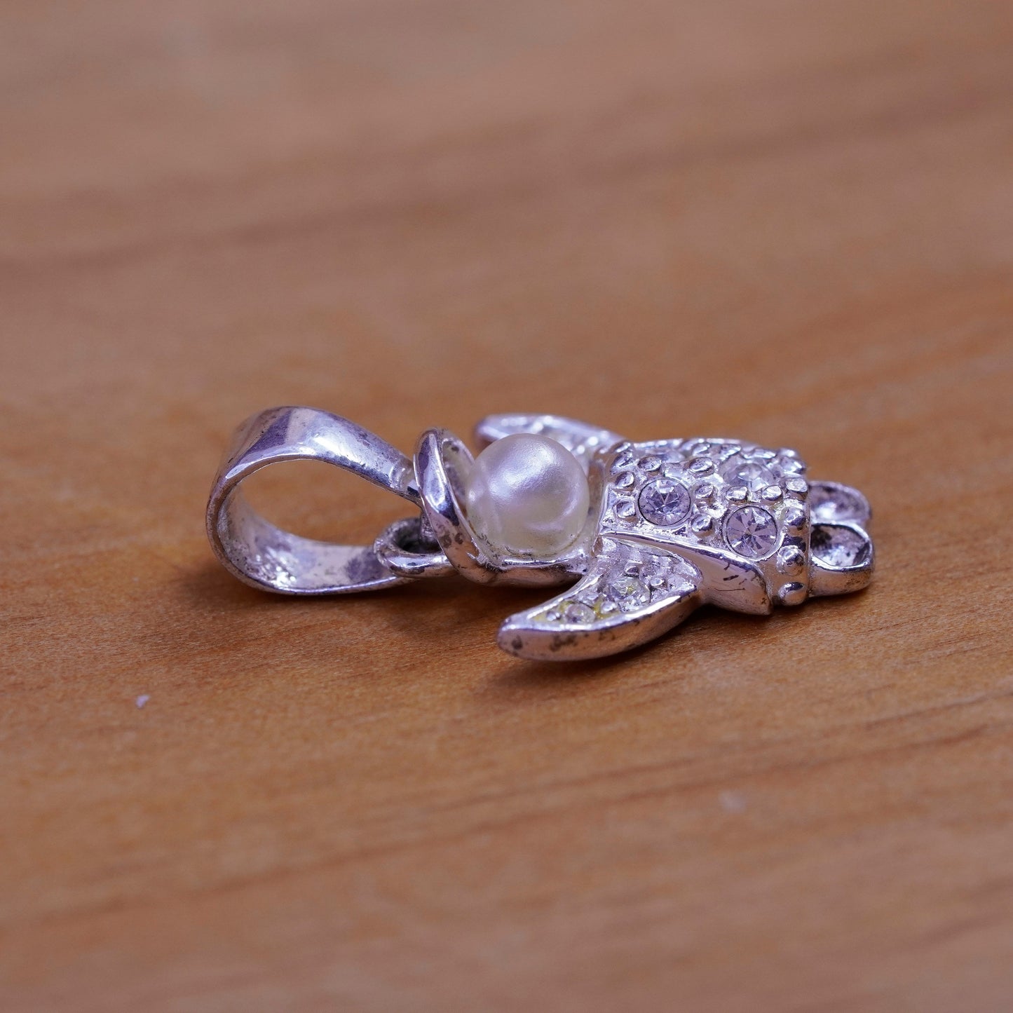 Vintage Sterling silver handmade pendant, 925 angel charm with crystal