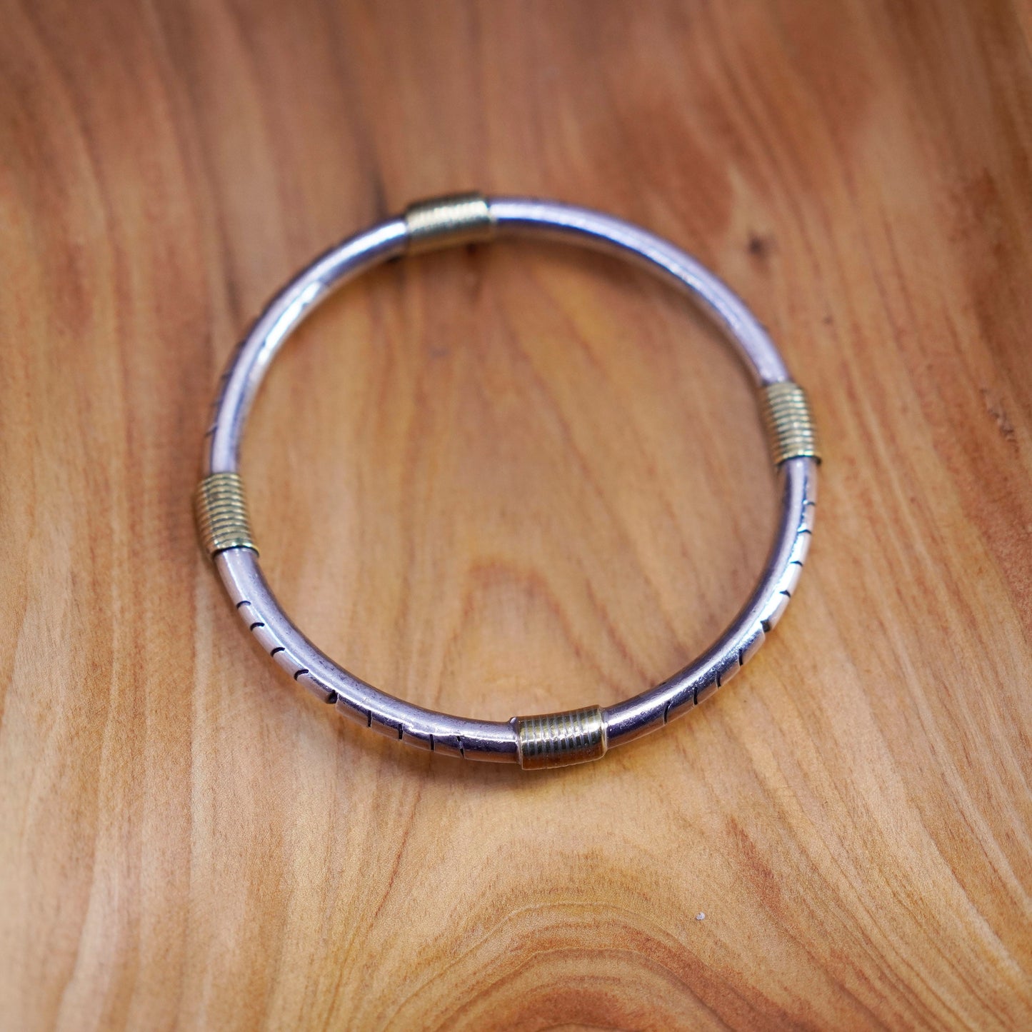 8”, antique two tone sterling silver bracelet, 925 textured bangle brass wires