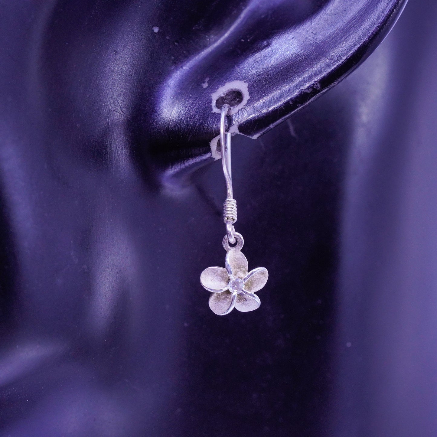 Vintage Sterling 925 silver handmade plumeria flower earrings with cz