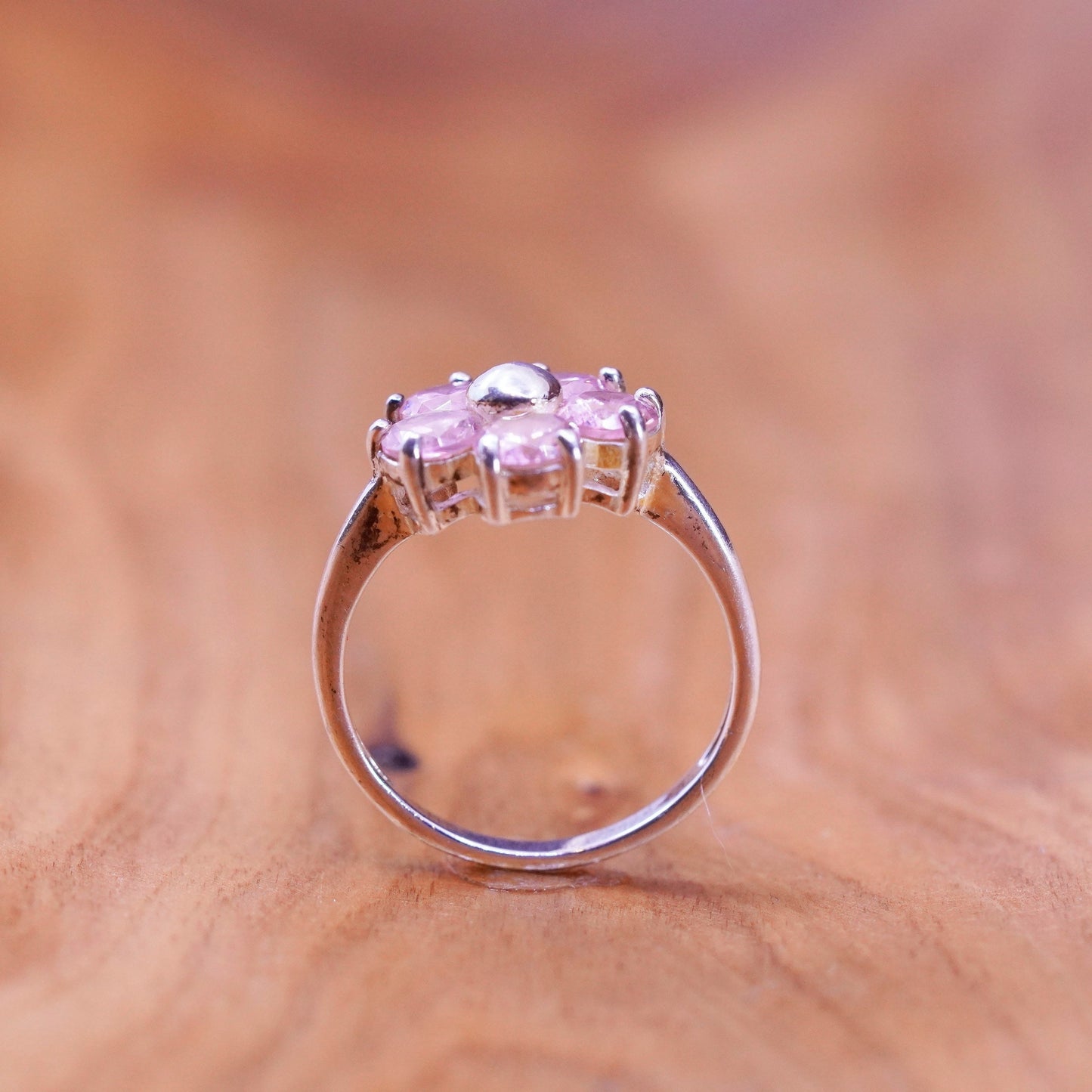 Size 8.25, vintage Sterling 925 silver handmade ring with pink cz flower