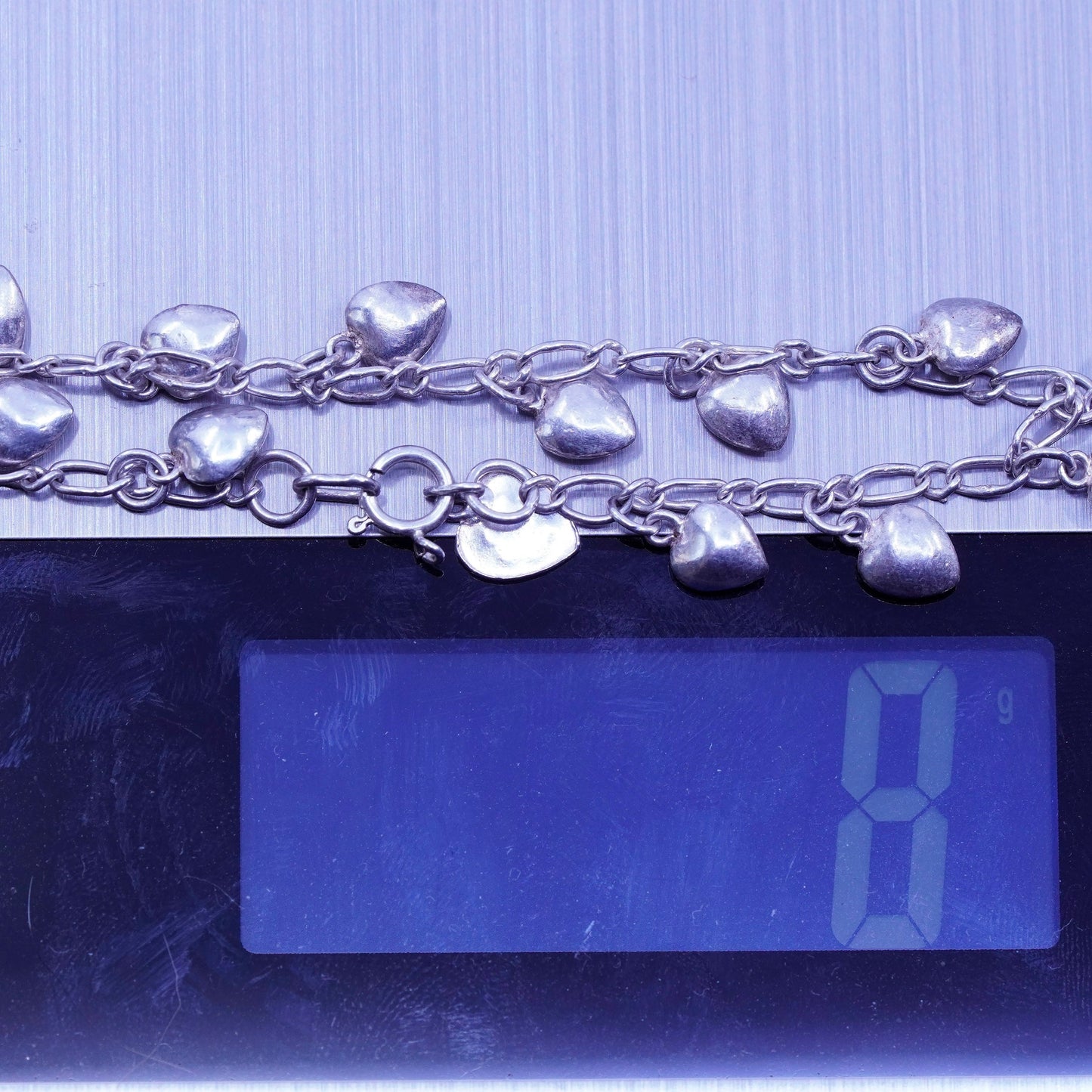 7.25”, vintage Sterling 925 silver handmade bracelet, figaro chain heart charms