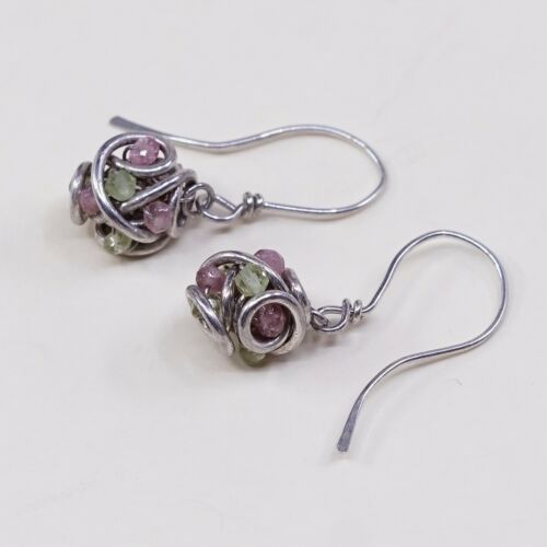 Vtg Handmade Lightweight 925 Sterling Silver Earrings With Wired Beads N Crystal