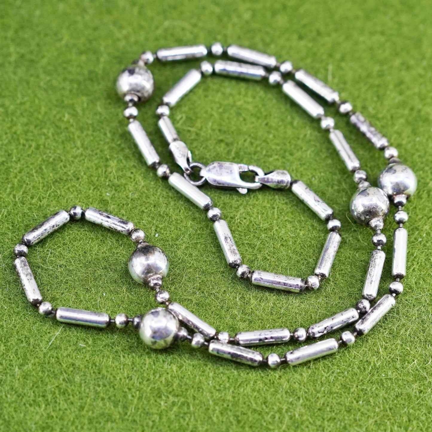 18”, 3mm, Vintage sterling silver necklace, 925 bar chain w/ 7mm beads