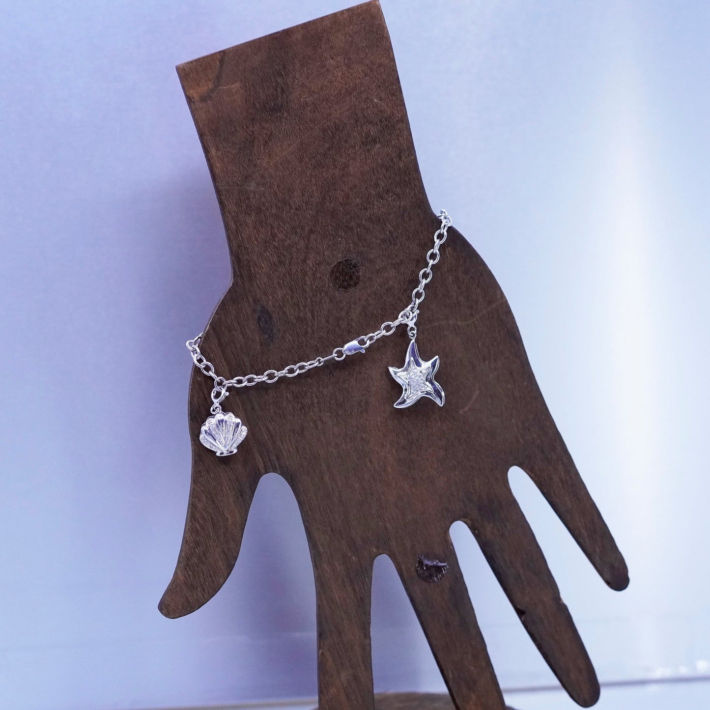 7”, Sterling 925 silver bracelet, circle chain starfish shell dolphin charms