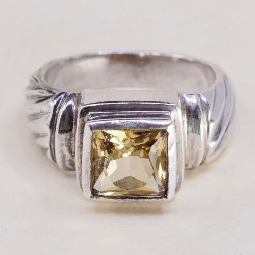 Sz 7, Vtg Sterling Silver handmade Ring, 925 Silver Ribbed Band W/ citrine