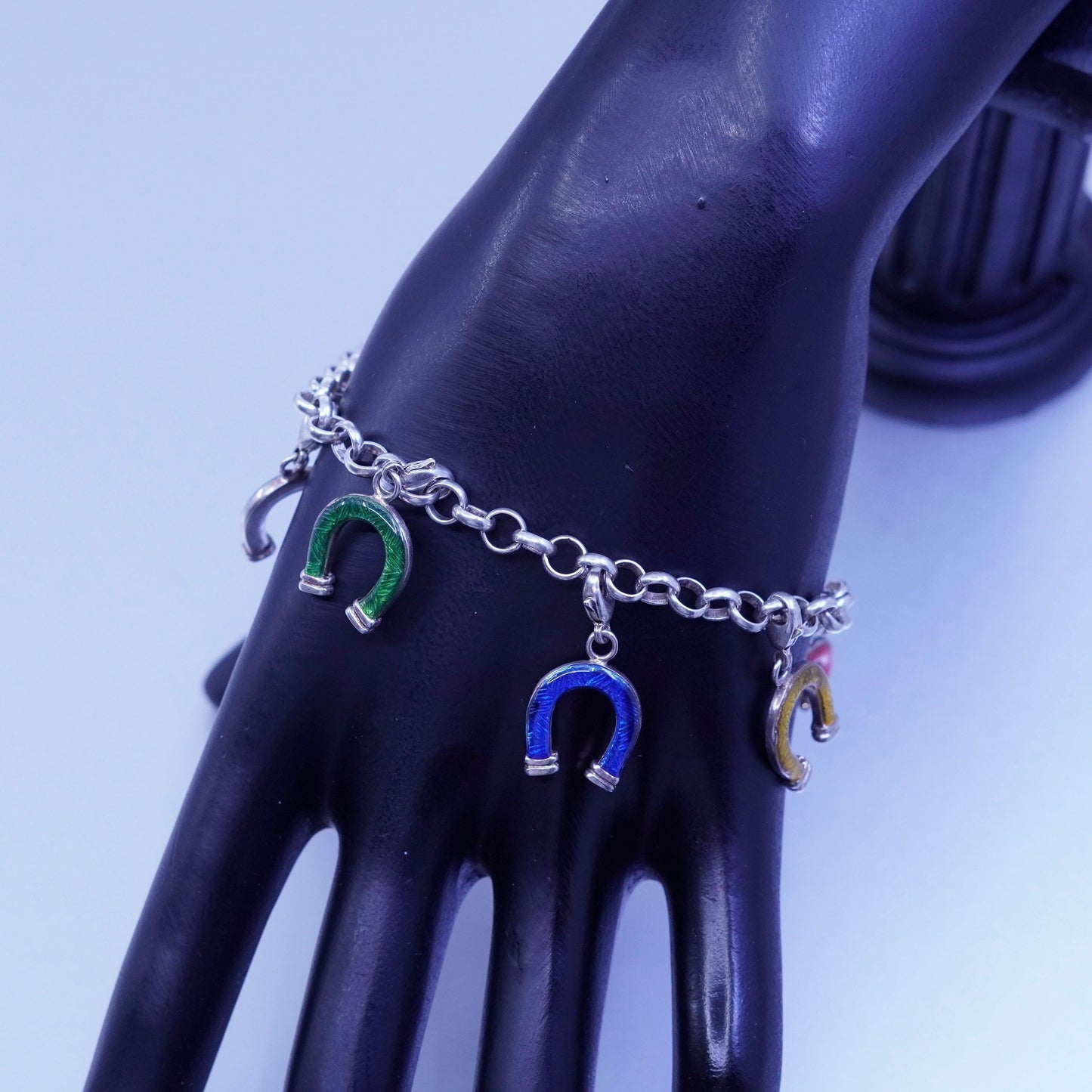 7.25”, Hidalgo jewelry Sterling 925 silver bracelet, chain horseshoe charms