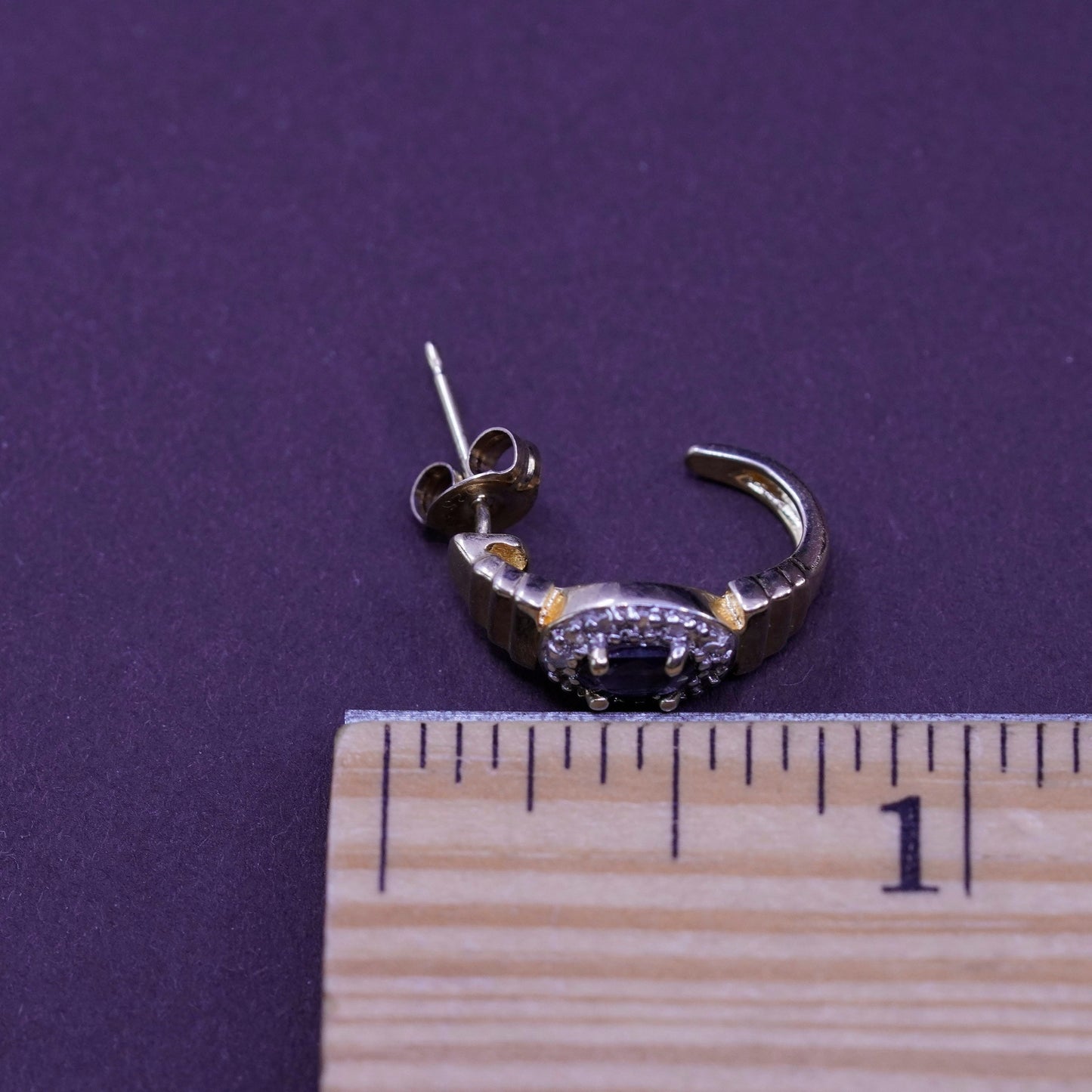 0.75”, vermeil gold Sterling silver earrings, 925 huggie studs sapphire diamond
