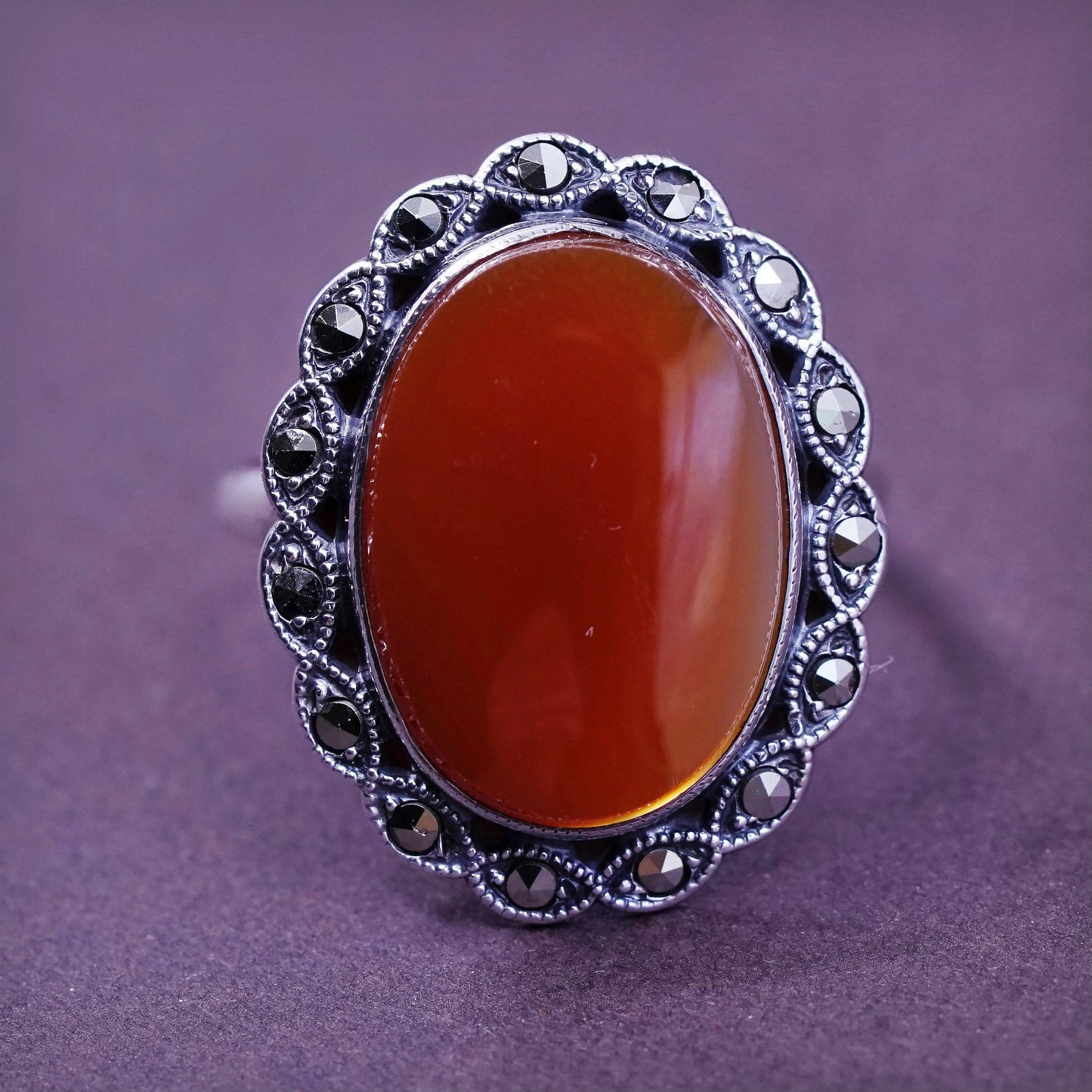 Size 9, vtg Sterling silver handmade flower ring with carnelian and Marcasite