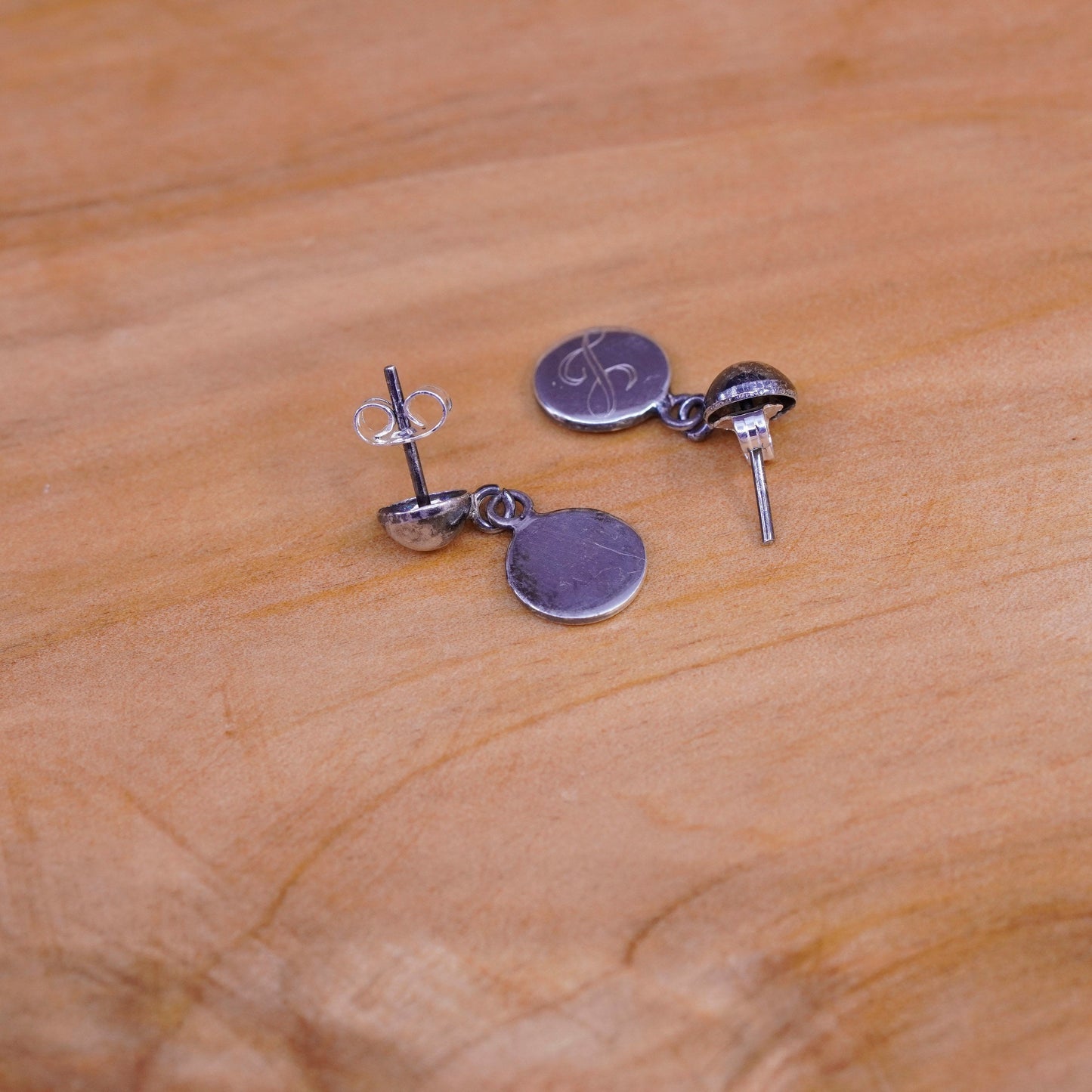 Vintage Sterling silver handmade earrings, 925 disc drops engraved “L”