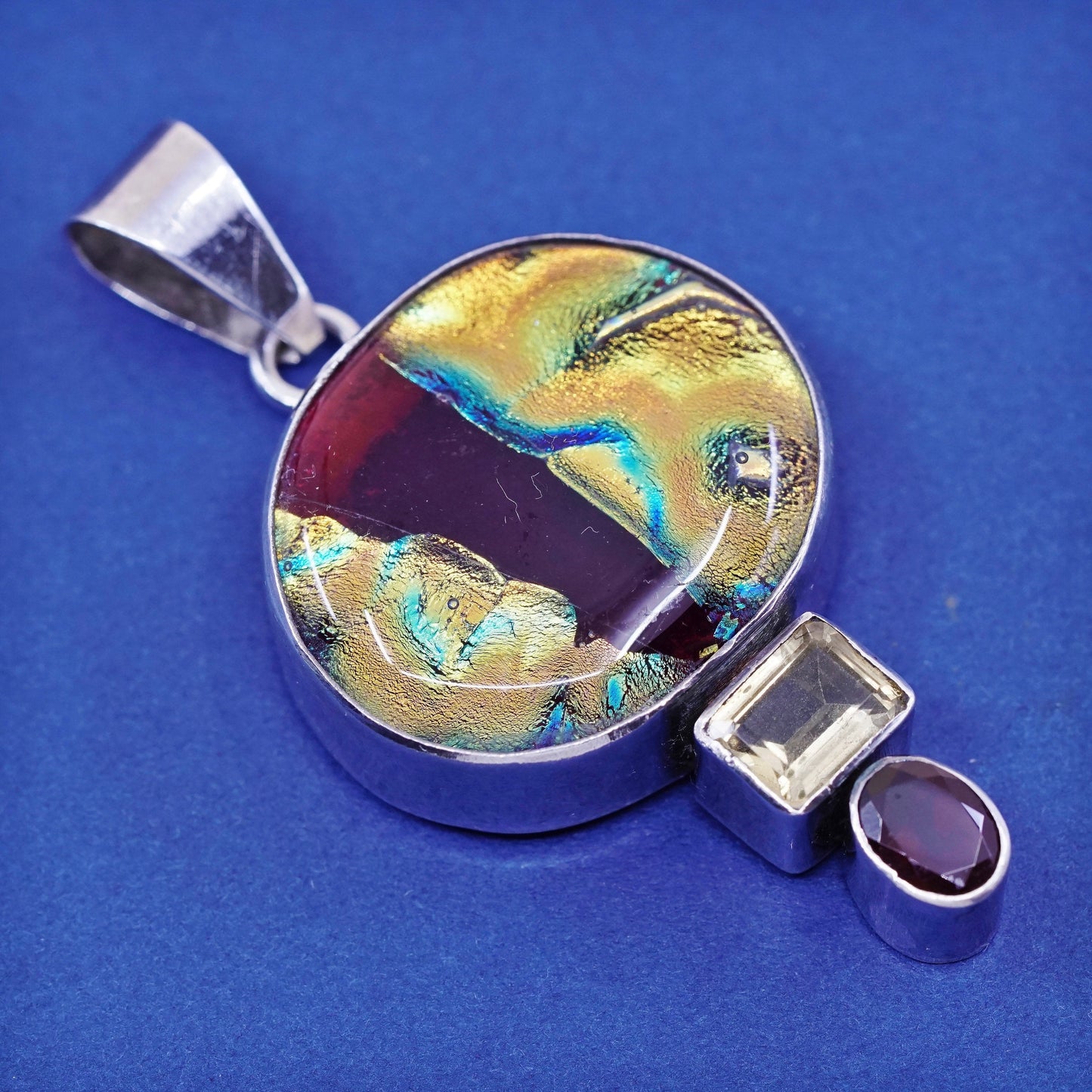 vtg sterling 925 silver handmade pendant with dichroic glass and citrine ruby