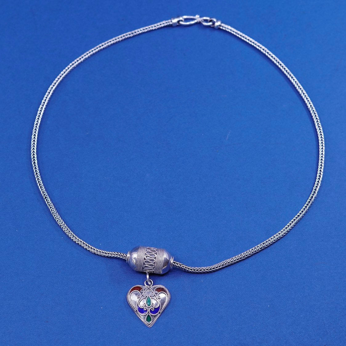 18”, sterling silver handmade necklace 925 wheat chain w/ enamel heart pendant