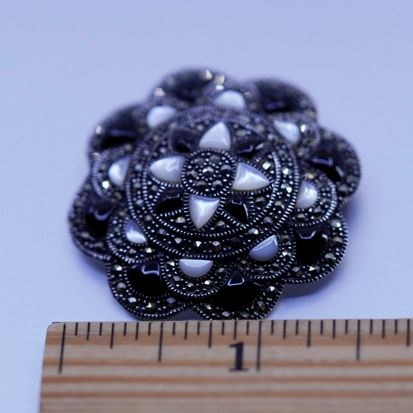 Vintage sterling silver handmade brooch, 925 circle pin pendant onyx moonstone