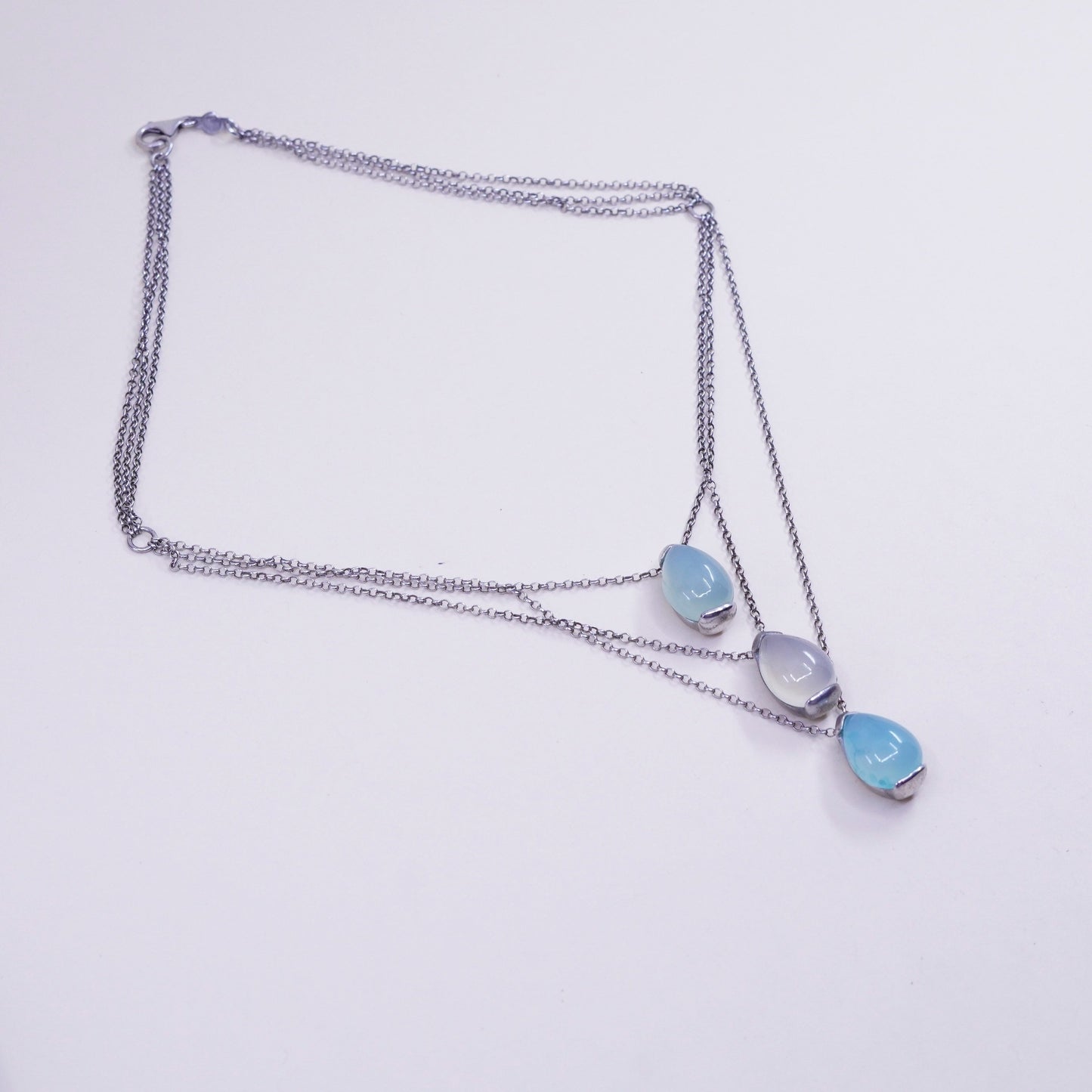 16”, milor sterling silver multi strands necklace, teardrop Chalcedony pendants