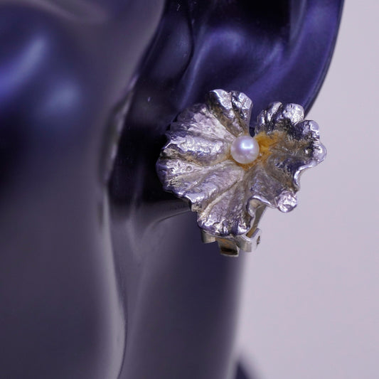 vintage napier sterling 925 silver handmade leaf earrings, clip on with pearl