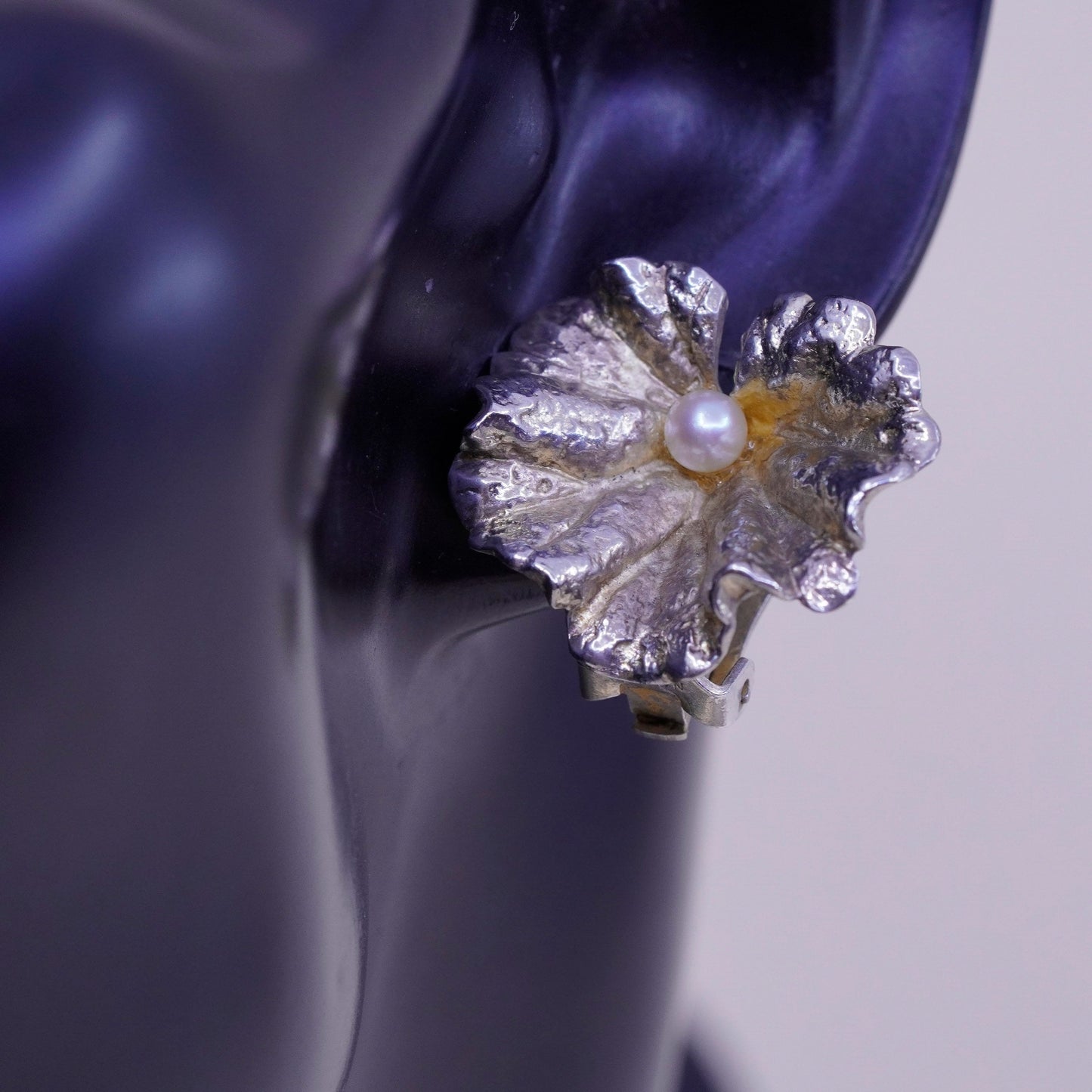 vintage napier sterling 925 silver handmade leaf earrings, clip on with pearl