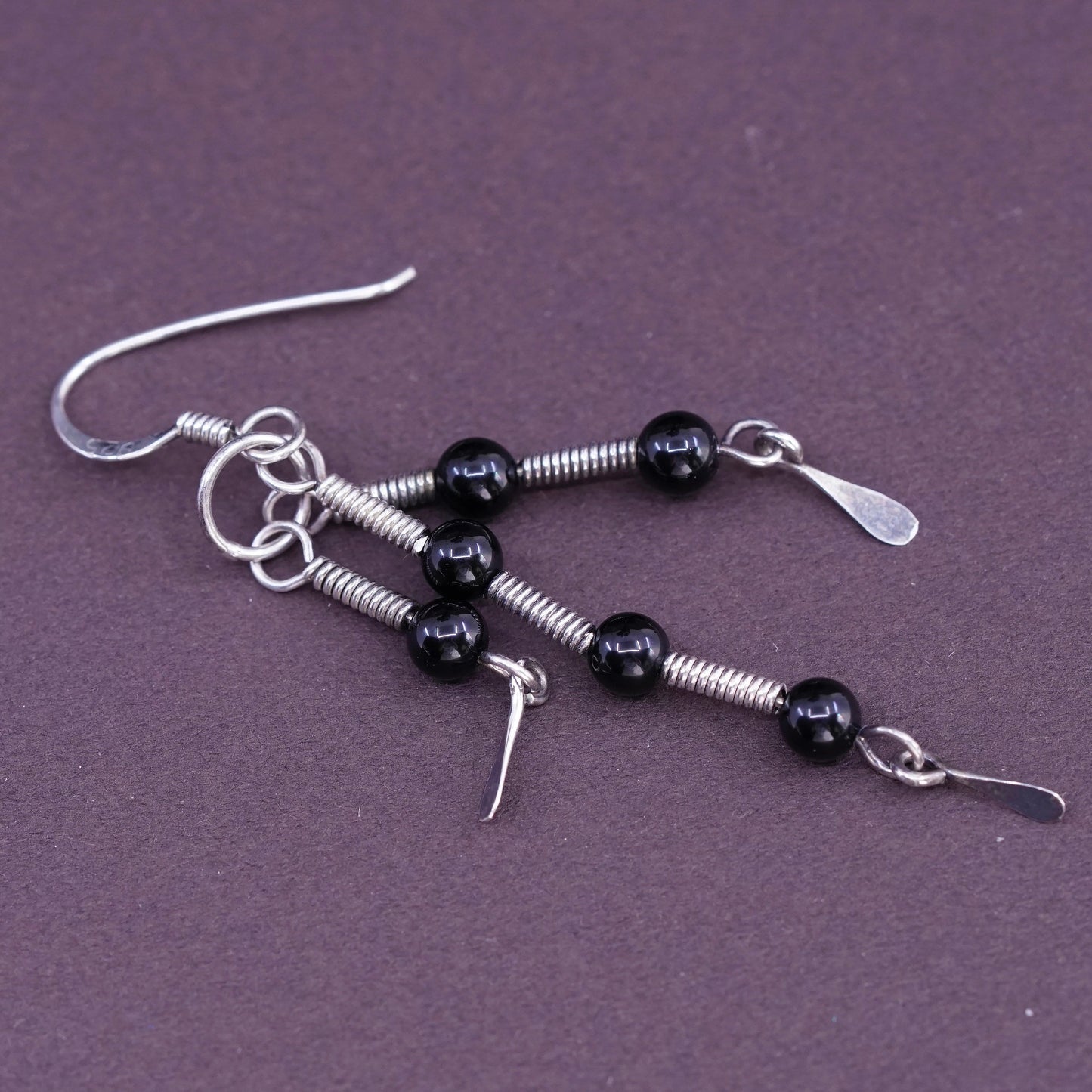 Vintage Sterling silver handmade earrings, Mexico 925 with bead obsidian
