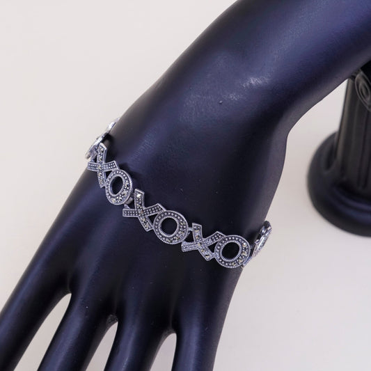 7.5”, vintage Sterling Silver Handmade Bracelet, 925 XOXO with marcasite