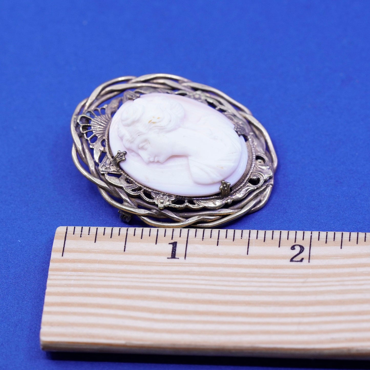 vintage handmade brass filigree brooch with cameo agate woman Portrait
