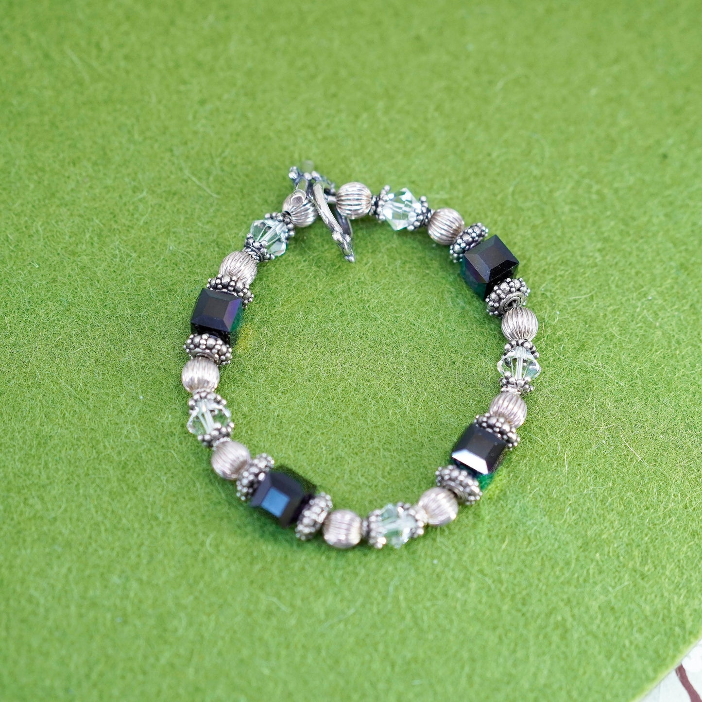 6.75”, Vintage Sterling silver handmade bracelet, 925 beads with pink crystal