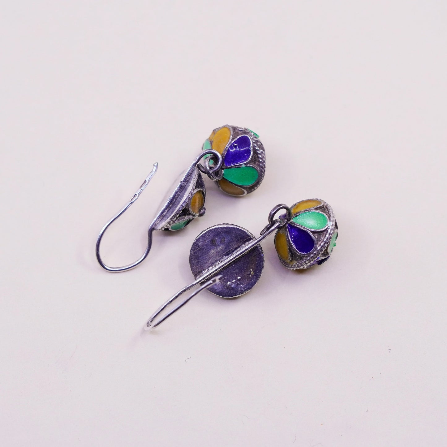 Vintage sterling 925 silver handmade bead earrings with enamel
