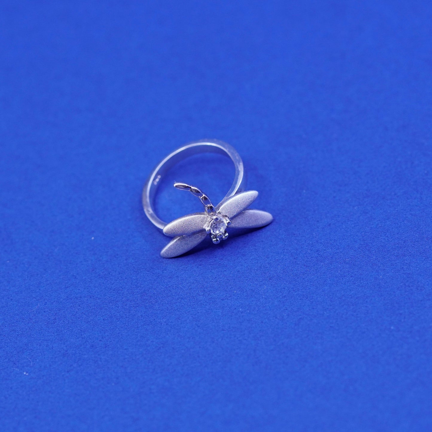 Size 4.5, vintage Sterling silver handmade ring, 925 dragonfly band with cz