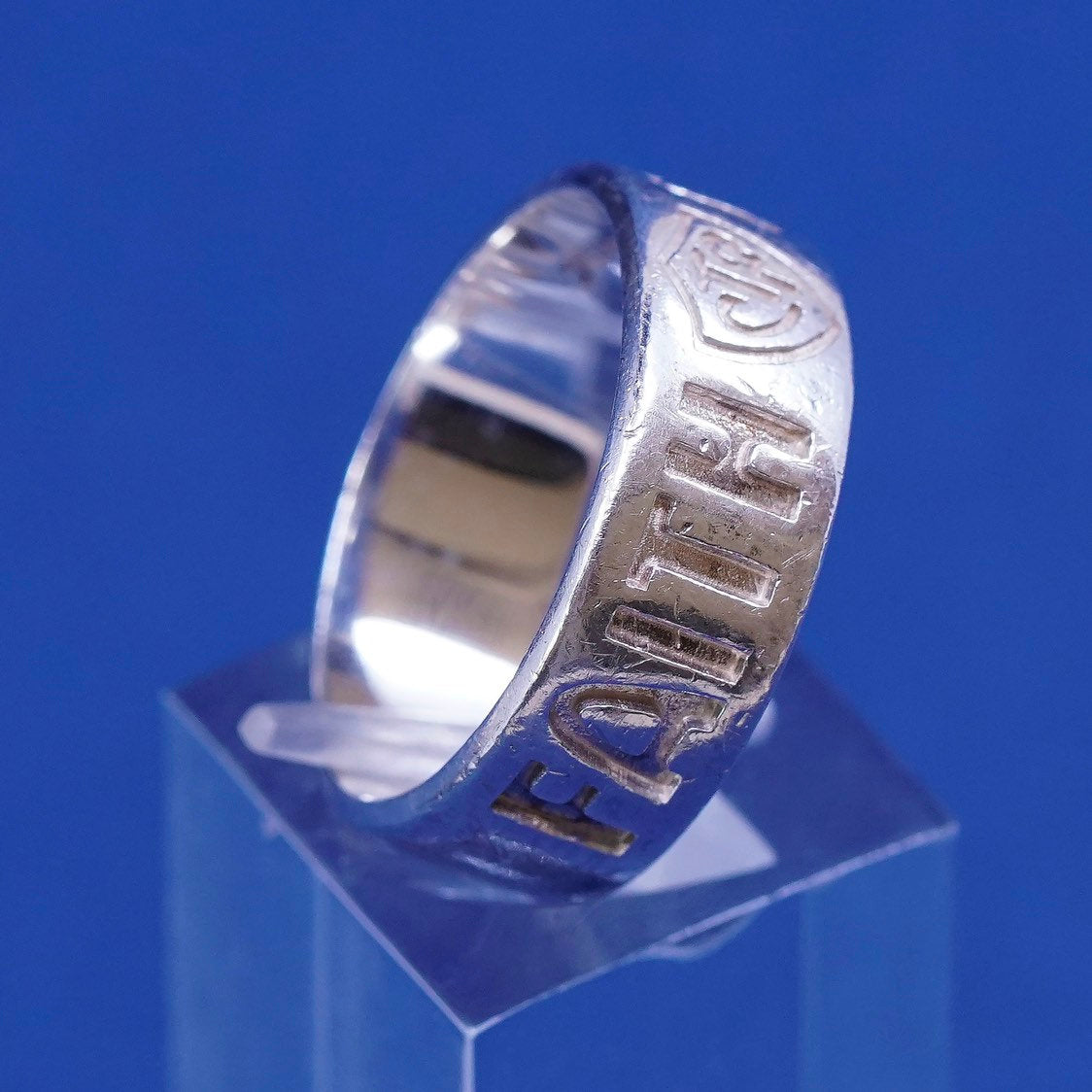sz 9, vtg Ringmaster sterling silver handmade ring, 925 band w/ faith courage
