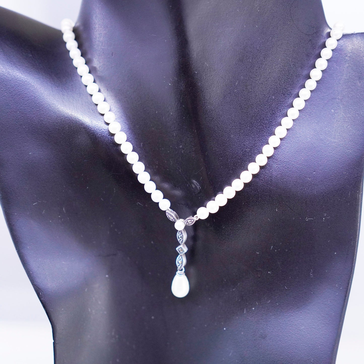 16”, Judith Jack Sterling 925 silver pearl chain tennis necklace Marcasite