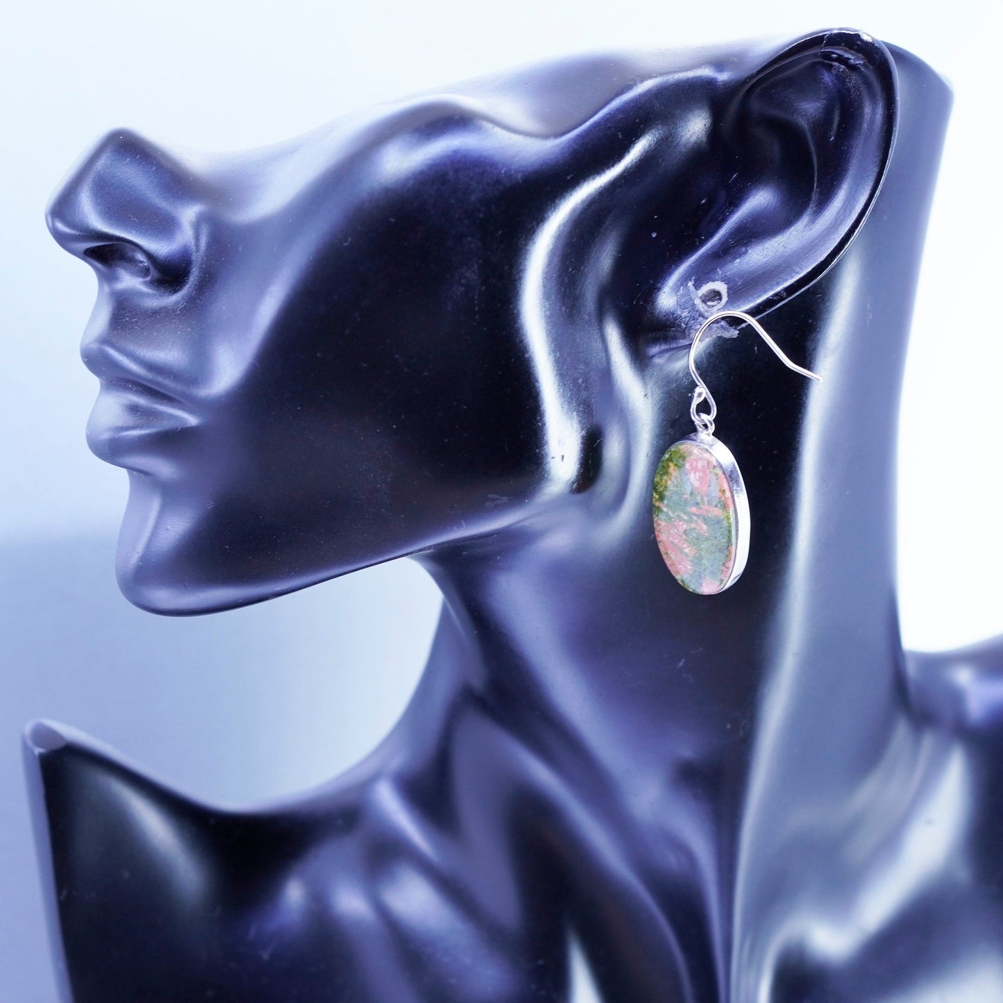 Vintage Mexico Sterling 925 silver handmade earrings with oval unakite