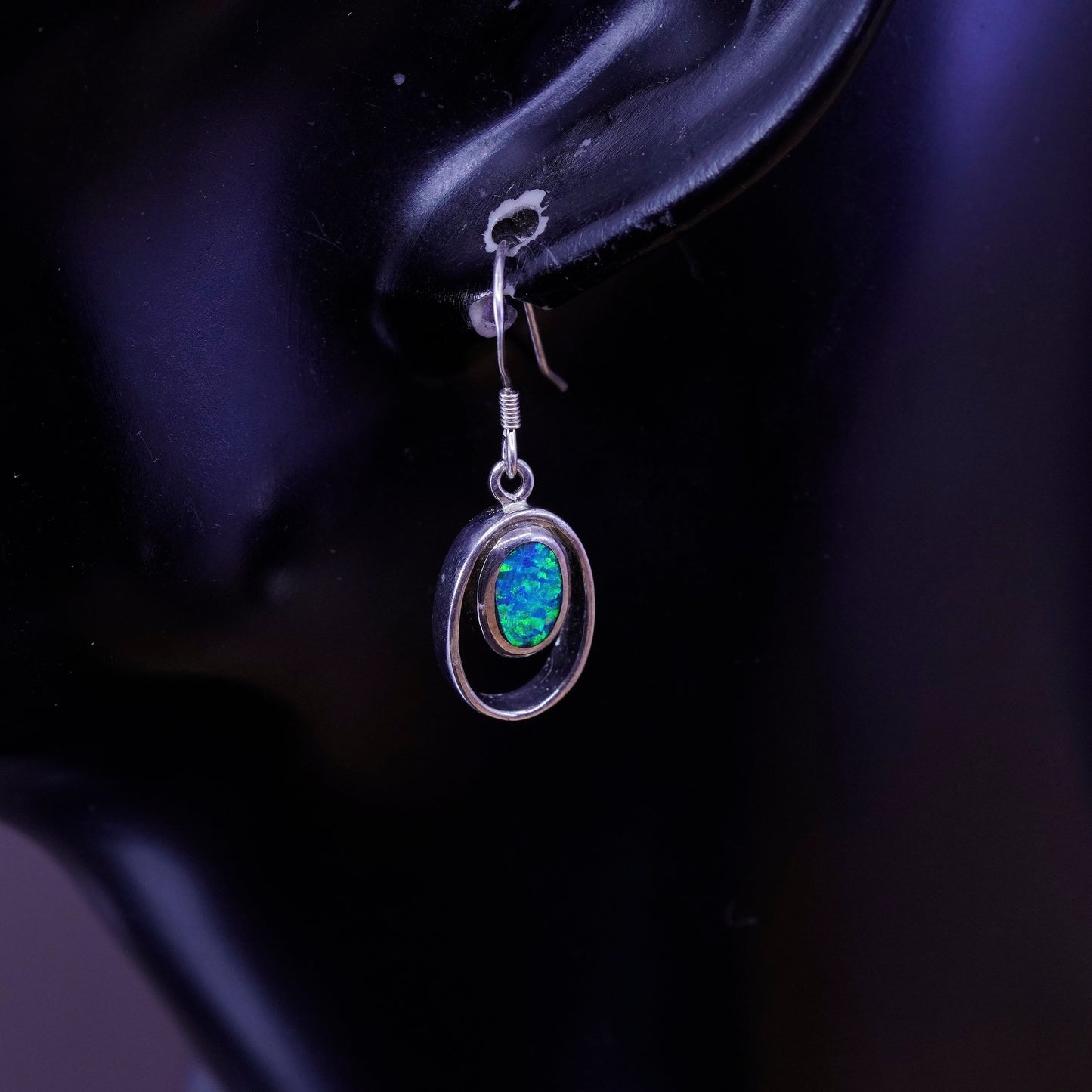 Vintage Sterling 925 silver handmade earrings with oval opal inlay