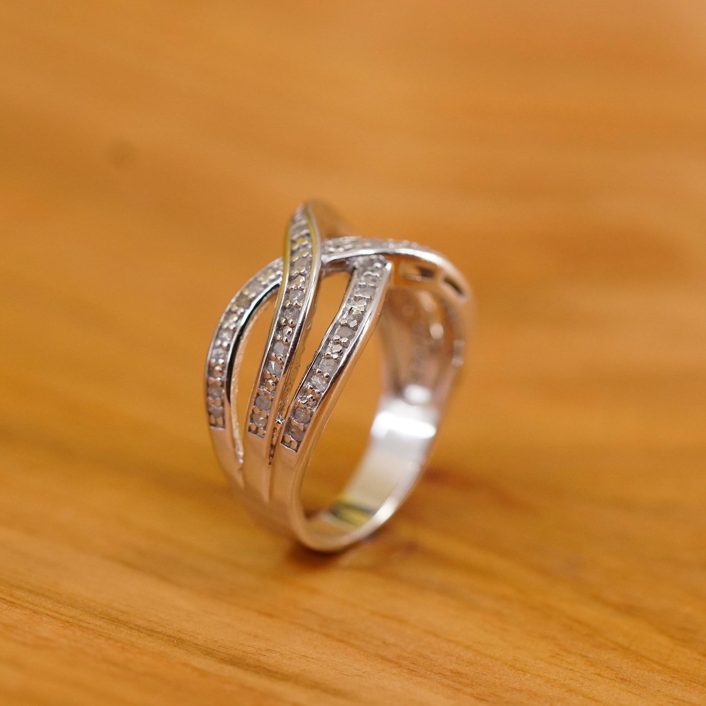 Size 7, vintage Sterling silver handmade ring, 925 wavy band w/ cluster diamond