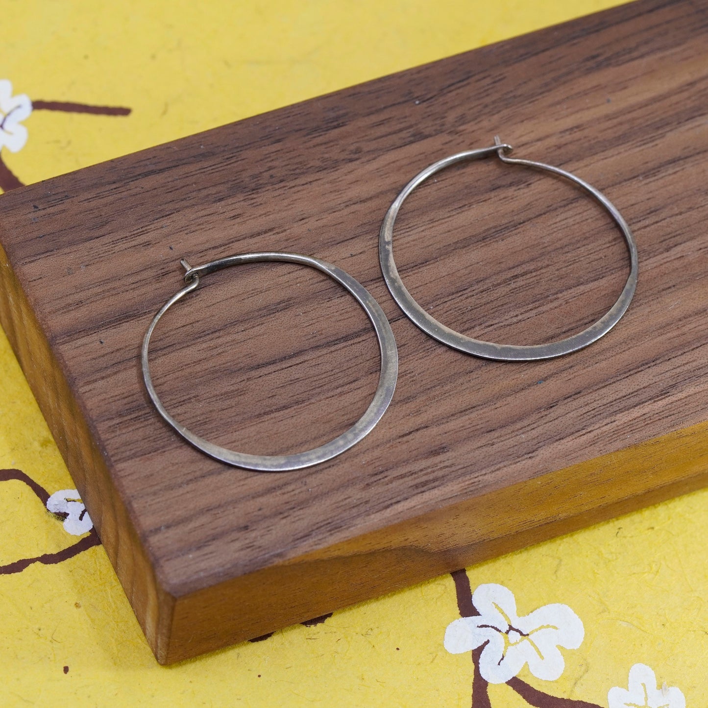 1.5”, vintage BR Sterling silver handmade earrings, 925 flatten hoops