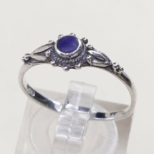 Sz 6.5, Vtg Sterling Silver Handmade Ring, 925 Band W Blue Onyx N Bali Beads